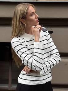 Pariaura Áo len chui đầu dệt kim kẻ sọc đen trắng tương phản, lớp lót bó sát dành cho nữ mùa thu/đông - Đen và trắng - Xem 6