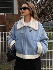 DAZY Women's Dropped Shoulder High Neck Zip-Up Casual Loose Padded Coat Winter Jacket - Blue - View 4