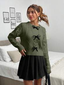 Bow Decor Crew Neck Cable Knit Long Sleeve Pullover Sweater,Jumper,Jumpers For Women,Cream Jumper,Jumpers,Christmas Jumper,White Jumper,Black Jumper,Ladies Jumper,Tall In Women,Women's Jumpers