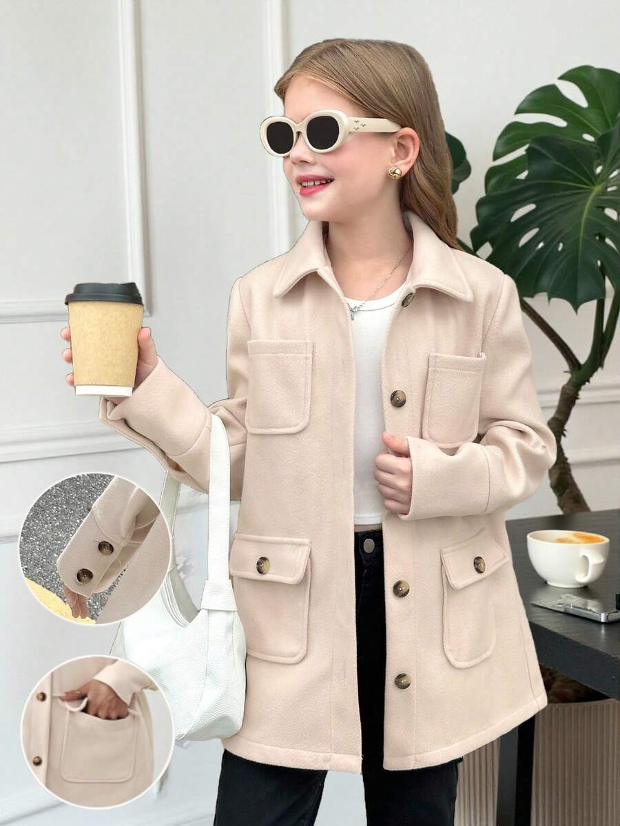 SHEIN Tween Girl Autumn/Winter Versatile Casual Fashion Lapel Multi-Pocket Button Design Overcoat Jacket, Back To School, Mommy And Me Matching Outfits, Girls Overcoat, Girl Coat, Girls Jacket, Girls Winter Coat, Kids Overcoat - Khaki - View 1