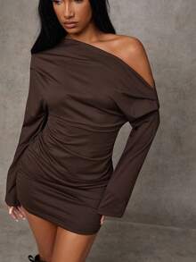 SHEIN BAE Sukienka damska w jednolitym kolorze, minimalistyczna, swobodna, asymetryczna, z odkrytymi ramionami