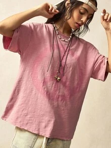 Bohemela 休闲纯色针织圆领短袖宽松女式T恤 - 粉色 - 查看 5