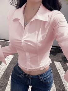 DAZY 性感鱼骨纹学院风修身开衫，镂空蕾丝拼接优雅长袖衬衫，适合办公室穿着，春秋Y2K风格 - 粉色 - 查看 4