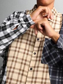 SUMWON Camisa de manga larga con ajuste ceñido, diseño de bloques de color a cuadros y a cuadros, con botones, de corte regular, de varios colores, de moda, de invierno, de uso casual, con diseño de patchwork y estampado mixto - Multicolor - Ver 4