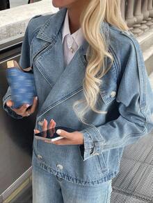 Livesso 女式宽松翻领牛仔夹克，秋季 - 藍色 - 查看 1