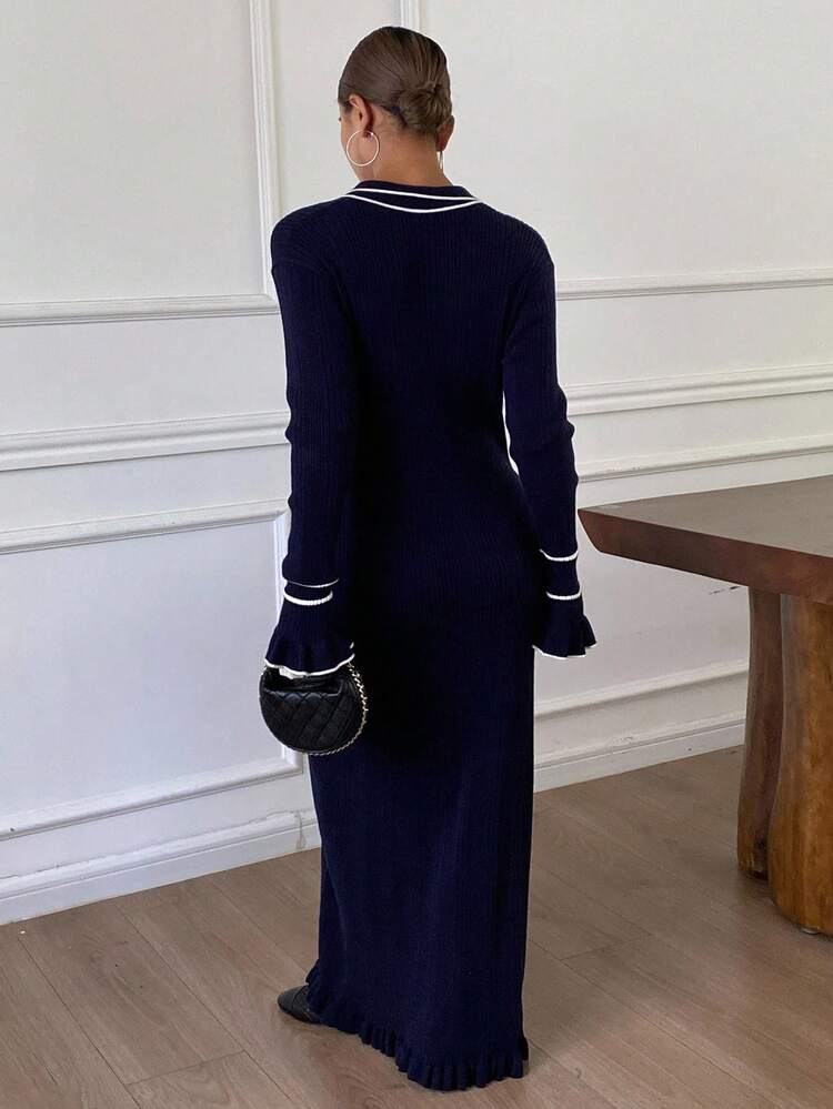 Women's Elegant Button Half-Placket Long Sleeve Knitted Dress, Autumn/Winter Sweater Dress