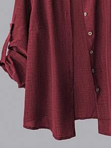 Linhara Ensemble 2 pièces décontracté pour femmes grandes tailles, chemise décontracté/de travail à col rabattu boutonnée d'une seule rangée de couleur unie et pantalon large à taille haute ample - Rouge foncé - Voir 7