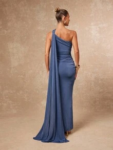 Lumalex Women's Elegant Dusty Blue Summer Party Night Wedding Guest Dress,Asymmetric Neck Ruched Draped Metal Decor Banquet Modest Glitter Holiday Glamour - Dusty Blue - View 3