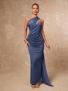 Lumalex Women's Elegant Dusty Blue Summer Party Night Wedding Guest Dress,Asymmetric Neck Ruched Draped Metal Decor Banquet Modest Glitter Holiday Glamour - Dusty Blue - View 6