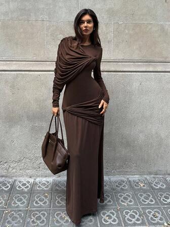 Aloruh Women's Fall/Winter Round Neck Solid Brown Beaded Ruched Tight Fit A-Line Maxi Dress,For Halloween, Wedding, Guest Dresses