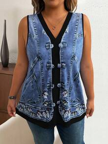 EMERY ROSE 大码女式 V 领无袖仿牛仔 3D 花卉印花休闲背心，适合休闲和度假 - 黑色 - 查看 5