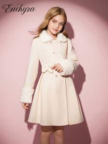 Fall Winter Vintage Tween Girls Casual Elegant Basic Coat With Fur Collar, Bow Decor, A-Line, Autumn/Winter Girls Dress Coat Girls Winter Coat Tween Dress Coat Girls Overcoat Girls Coat
