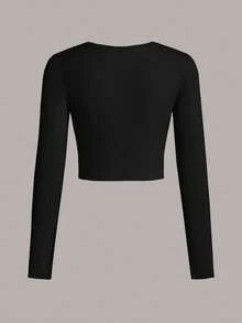 SHEIN EZwear 2 件黑色休闲简约圆领长袖短款修身 T 恤，适合秋冬季 - 黑色 - 查看 3