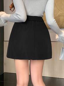 DAZY 女士休闲百褶A字裙，秋冬女装裙 - 黑色 - 查看 2