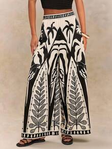 SHEIN Tween Girl 碎花宽松休闲度假裤 - 米色 - 查看 5