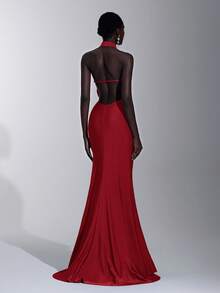 Elitara Elegant, Romantic, Sexy, Minimalist, Stretchy, Halter Neck, Backless, Off Shoulder, Bodycon, 3D Floral, Fishtail Hem, Fashionable, Influencer Style, Holiday, Vacation, Birthday Party, Wedding Event, Bridesmaid Dress - Burgundy - View 2