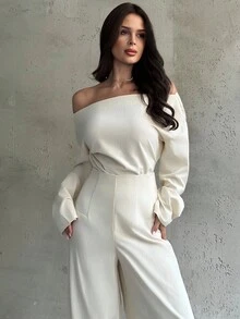 Firerie 夏季新款女士优雅休闲通勤杏色船领落肩长袖衬衫和阔腿裤套装，适合教师、返校、度假、秋季 - 杏色 - 查看 3