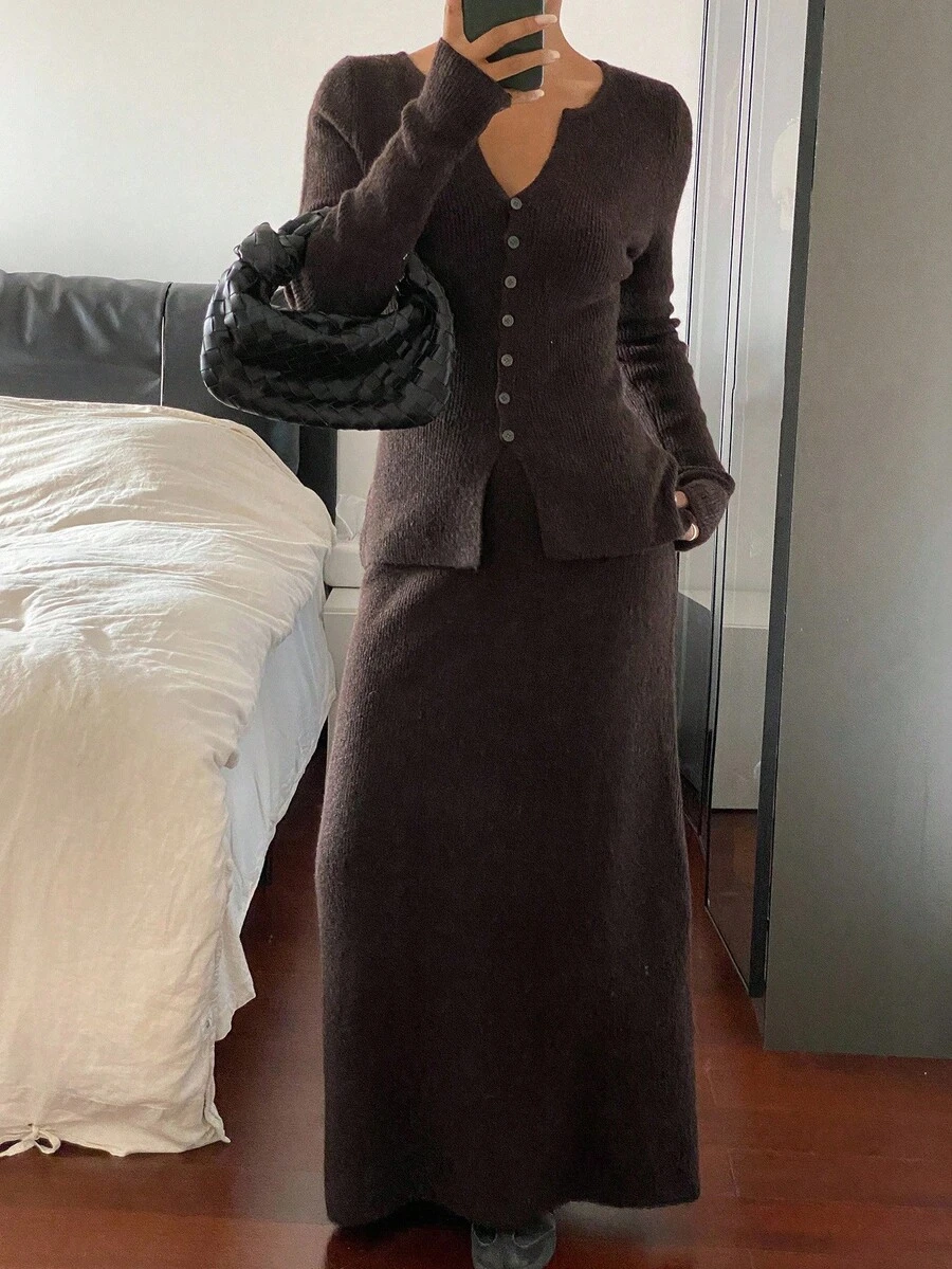 Livesso Women's Autumn Fitted Top And Skirt 2 Pieces Knit Set - Brown - View 1