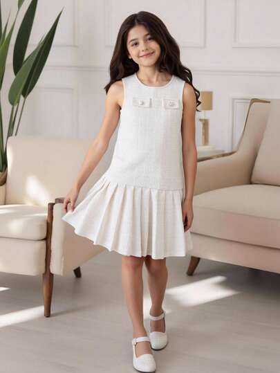 Tween Girl Ärmlös Elegant plisserad nederkant Liten doftande klänning