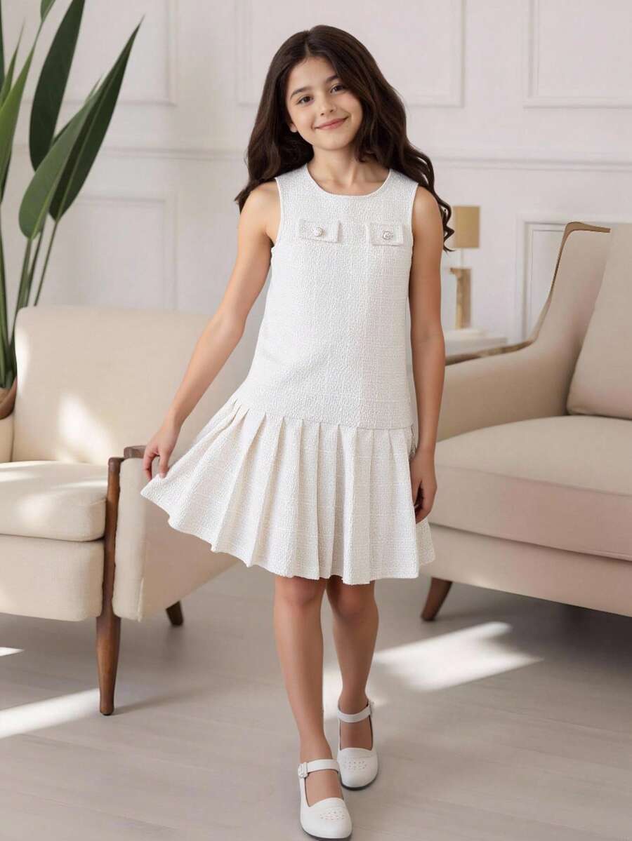 少女無袖優雅百褶擺淡雅風格洋裝 - 白色 - 查看 1