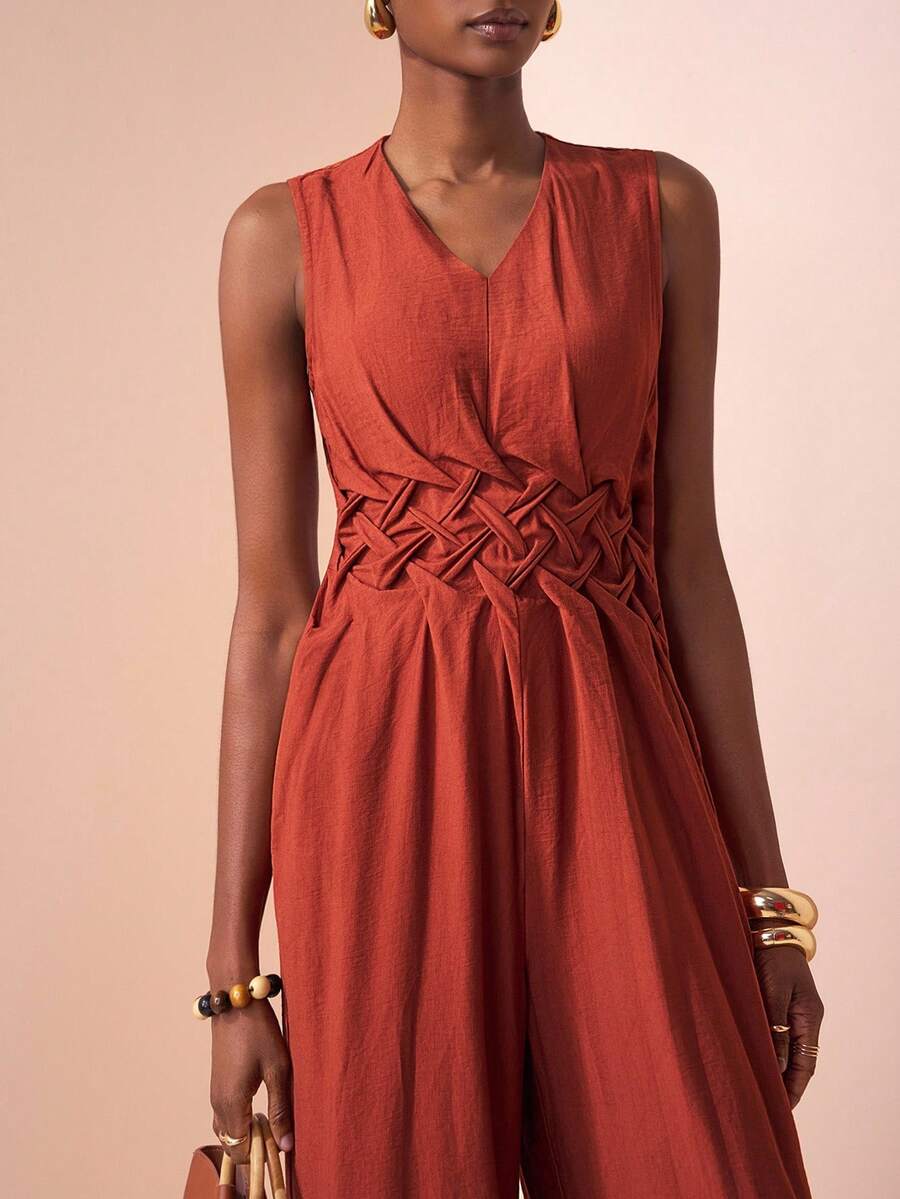 Zivah New Styles For Early Autumn, Autumn And Summer, Daily Dates, Commuting, Business, Ladies, Elegant Beach, Cruise, Parties, Simple, Popular, Birthday Parties, High-End Parties, Casual Vacations, V-Neck, Sleeveless, Waist Pleated, Diamond-Shaped Pattern Design, Woven Pattern Design, Side Pockets, Wide-Leg Pants, Super Long Pants, Orange-Red Woven Fabric, Women's One-Piece Pants -A - Rust Brown - View 1