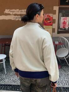 Dazy Plus Chaqueta de punto con cremallera y bloqueo de color con patrón bordado, informal y de talla grande para mujer, otoño/invierno - Albaricoque - Ver 2