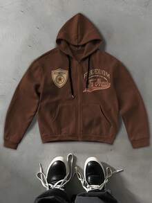 PAVTROS Manfinity Streetrush Men's Casual Retro Coffee Color Zip-Up Hoodie, Fall