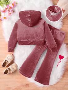 SHEIN 2-teiliges Set für Kleine Mädchen mit Strass-Buchstaben-Muster, Samt-Hoodie & weite Hose, Jogginghose, Outfits, süß & lässig & vintage, ideal für lässigen & täglichen Gebrauch & Schule im Sommer & Herbst, für Weihnachten - Pink - Übersicht 7