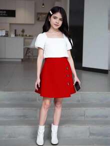 Tween Girl Puff Sleeve Top And Skirt Two-Piece Set - Multicolor - View 4