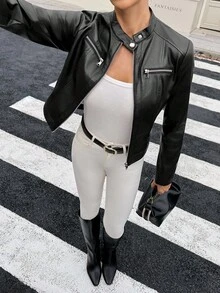 SHEIN Tall Slim Fit PU Jacket With Zipper And Thermal Lined ,Black Pu Leather Turtleneck Flannel Jacket, PU Leather Casual Streetwear Long Sleeve Women Regular Jacket For Fall/Winter, Leather Fleece Jacket - Black - View 6