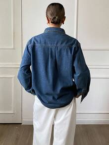 Livesso 女式宽松休闲做旧水洗牛仔衬衫、秋冬夹克 - 藍色 - 查看 2