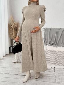 SHEIN Elegant Autumn Maternity Photoshoot Dress, Pregnant Women Stand Collar Ribbed Dress,Long Sleeve Solid Bump Friendly Fall Casual Dress - Apricot - View 3
