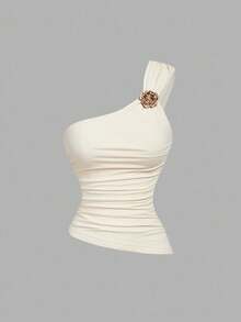 SHEIN MOD Damen Set aus einfarbigem Top mit Rüschenkante und goldenem Brosche-Dekor - Verschiedenfarbig - Übersicht 5