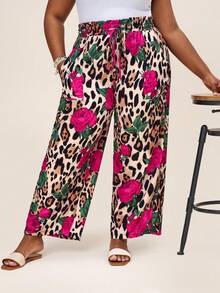 SHEIN LUNE Pantalones casuales de talla grande para mujer con estampado de leopardo y floral, de cintura alta y sueltos, para el verano. Pantalones casuales, pantalones para salir de "Old Money" - Multicolor - Ver 7