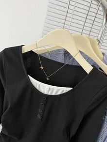 SHEIN 青少年女孩纯色罗纹撞色纽扣腰部褶皱针织弹力长袖圆领 T 恤，休闲、居家、返校季 - 黑色 - 查看 5