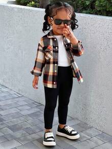 2 Stück Baby Mädchen Retro Karomuster Flanell Hemd Jacke mit Kragen und Knöpfen & Dicke Hose mit elastischem Bund, geeignet für den Winter