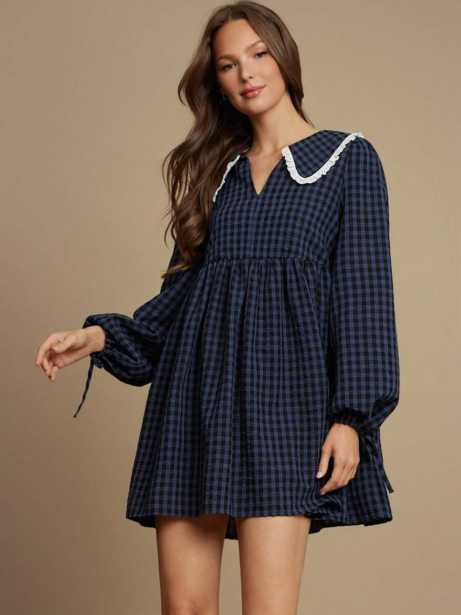 WESTFADE Gingham & Eyelet Collared Tie Sleeve Babydoll Mini Dress Cute Fall Clothes For Women Country Concert Outfit - Royal Blue - View 1