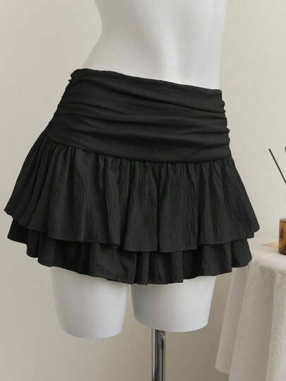 Elamini Beige Pleated High Waist Low Waist Double Layer Chiffon Skirt, Vacation Style Mini Skirt