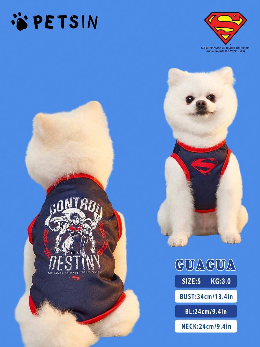 SUPERMAN X PETSIN 1件海軍藍復古插圖印花寵物背心,時尚透氣,柔軟聚酯纖維面料,防跳蚤、不易掉毛、耐熱,適合貓狗舒適穿著,適合室內外日常穿戴 - 彩色 - 查看 1
