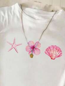 SHEIN Leap Crew 青少年女孩時尚白色夏季休閒海灘度假粉色海星貝殼圖案修身簡約圓領T恤，青少年女孩圖案返校季 - 彩色 - 查看 3