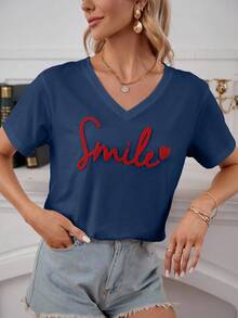 SHEIN Cottnline Cotton Heart & Letter Pattern Drop Shoulder Tee , Summer Vacation Top - Royal Blue - View 4