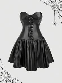 SHEIN MOD 大码黑色皮革系带迷你连衣裙 - 黑色 - 查看 8