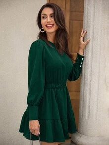 EMERY ROSE 素色後鎖孔荷葉邊紐扣細節洋裝 - 墨綠色 - 查看 1