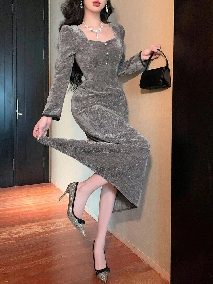 Autumn/Winter Velvet Metal Buckle Decor Waist Fitted Bodycon Cocktail Dress, Sexy Long Dress For Party, Wedding, Prom, Fashion Puff Sleeve