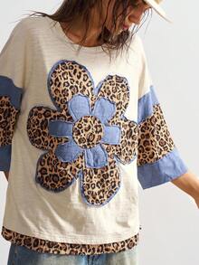 Bohemela 波西米亚风乡村度假风格休闲针织拼布豹纹花卉图案圆领宽松女式T恤