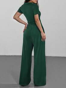 SHEIN EZwear 2 件大码女式休闲刺绣徽标绿色套装，春/秋，女式秋季服装 2 件套裤子套装女士绿色套装女士 2 件休闲套装女士绿色 2 件套舒适两件套 - 墨綠色 - 查看 2