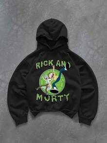 Rick and Morty X Manfinity Manfinity Streetrush هودي رجالي مطبوع بحرف وشخصية كرتونية، بلوزة رياضية عصرية بتصميم بسيط