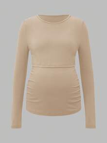 Modmama 休闲纯色圆领长袖高弹力哺乳上衣 - 卡其色 - 查看 16