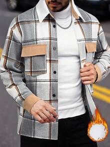 Manfinity Homme Men's Casual Street Plaid Print Flap Pocket Drop Shoulder Loose Overcoat, Old Money Style , Fall , Corduroy