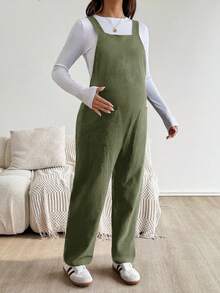 孕妇纯色宽松休闲连体裤，带口袋 - 軍綠色 - 查看 3